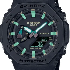 Casio G-Shock Herrenuhr: schwarzes Gehäuse, grüne Akzente, Kautschukarmband