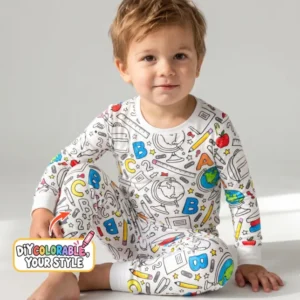 Back to School Doodle Supplies Colorable Bamboo Two Piece Long Sleeve Pajama Set