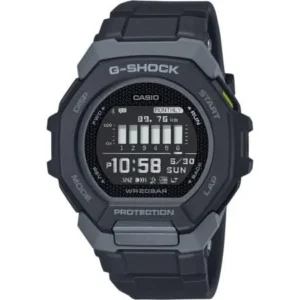 Digitale Sportuhr mit schwarzem Gehäuse und Armband, rundes Display mit Uhrzeit