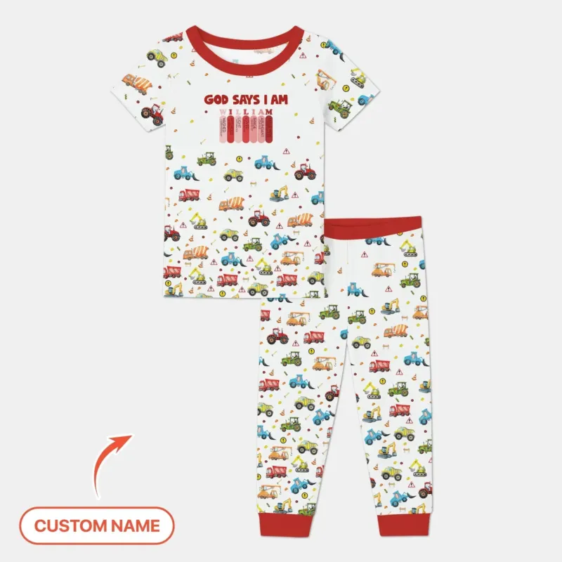 God Says I Am Custom Name Construction Two Piece Short Sleeve Pajama Set , God Says I Am Custom Name Construction Two Piece Short Sleeve Pajama Set - 12-18M