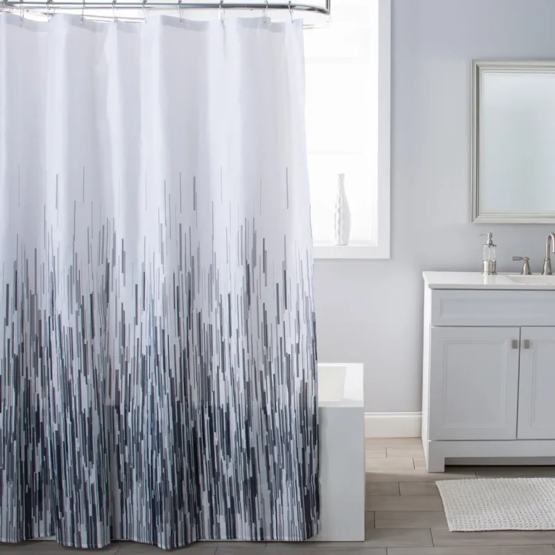 Greyscale Rain White Black Grey Fabric Shower Curtain