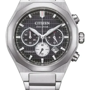 Herrenuhr mit silbernem Metallarmband, schwarzem Zifferblatt und Chronograph
