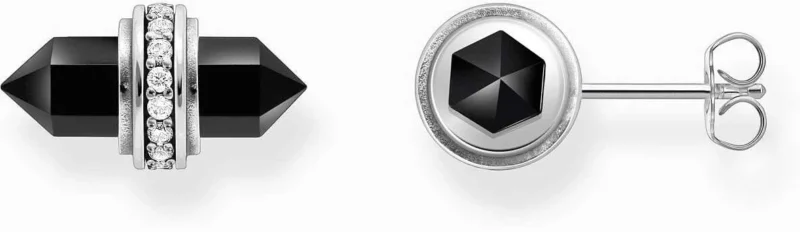 Ohrstecker mit schwarzem, hexagonalem Onyx-Kristall und silbernem Steinsockel