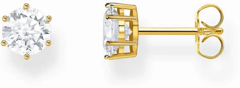 Ohrrstecker mit rundem weißem Zirkonia, Brillantschliff, goldfarbene Fassung