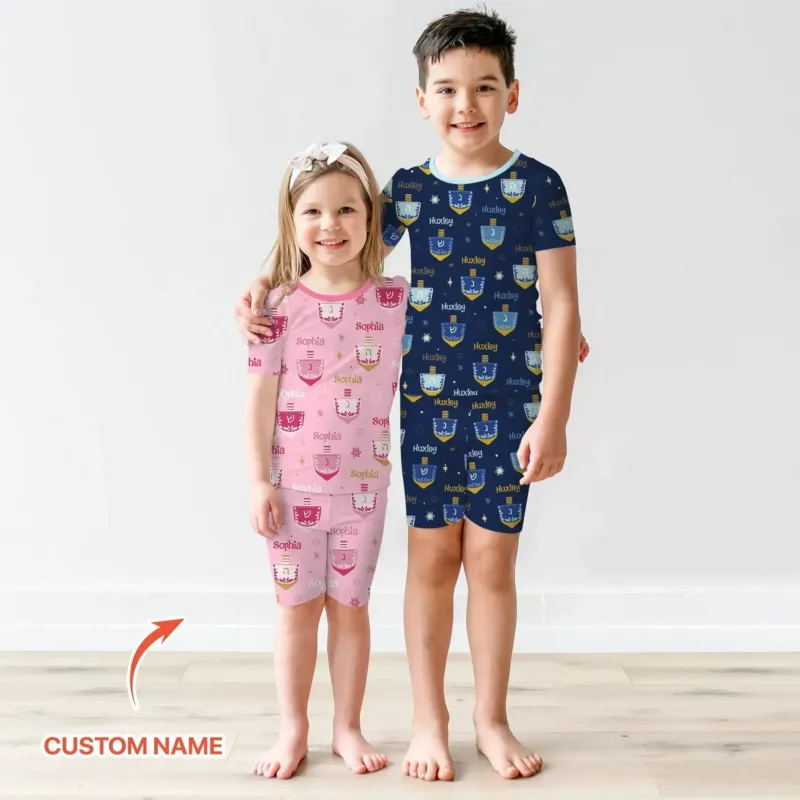 Hanukkah Dreidels Two Piece Short Sleeve Shorts Pajama Set , Hanukkah Dreidels Two Piece Short Sleeve Shorts Pajama Set - 12-18M