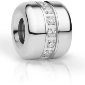 Edelstahl-Charm zylindrisch mit Ring aus klaren Zirkonia-Steinen