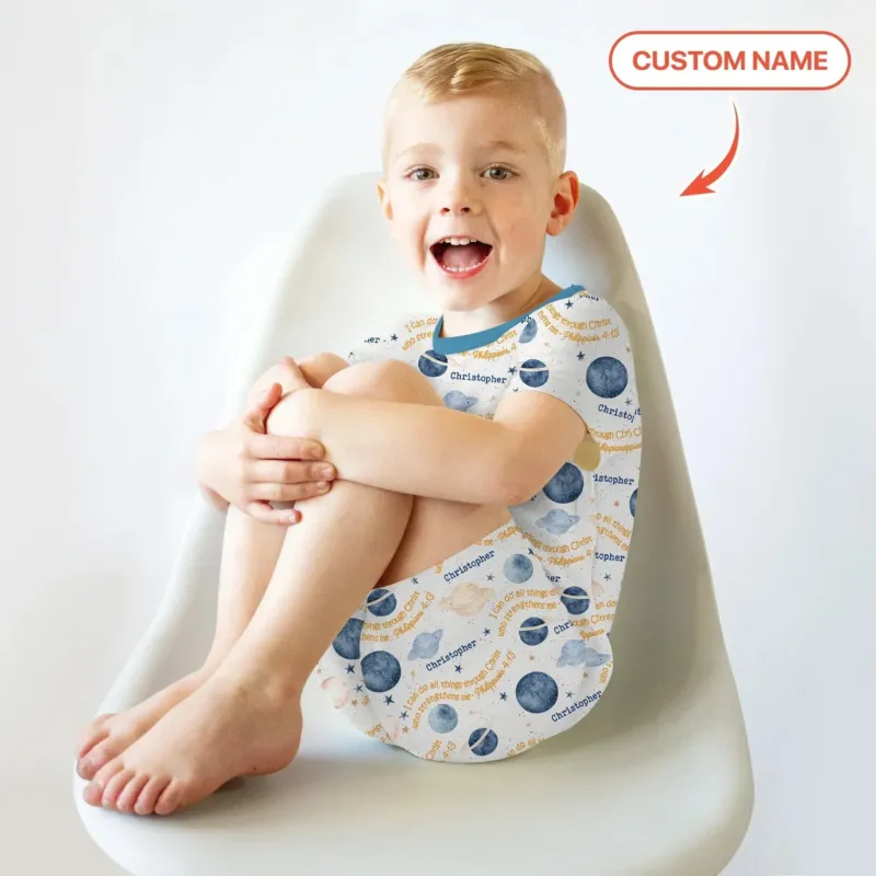 I Can Do All Things Through Christ Custom Name Two Piece Short Sleeve Shorts Pajama Set , I Can Do All Things Through Christ Custom Name Two Piece Short Sleeve Shorts Pajama Set - 12-18M