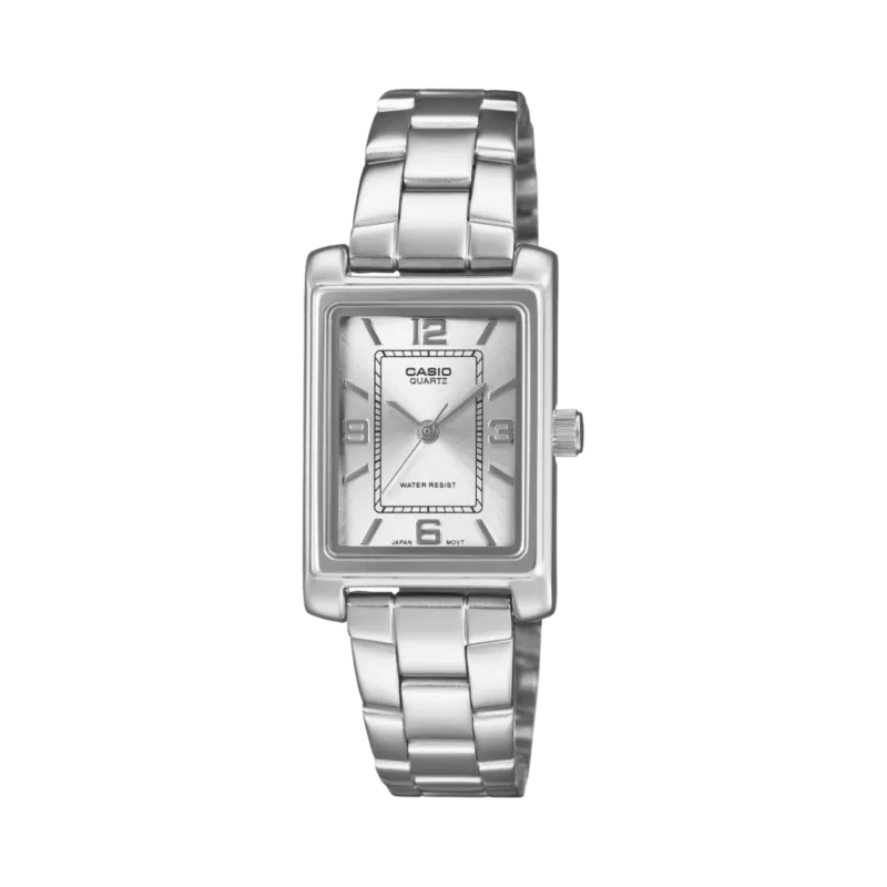 Casio-Damenuhr mit silberfarbenem Edelstahlband, eckigem Gehäuse und Krone rechts