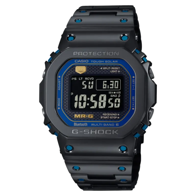 Herrenarmbanduhr G-SHOCK mit schwarzem Gehäuse und blauem Displayrand, rechteckiges Digitalanzeige-Fenster