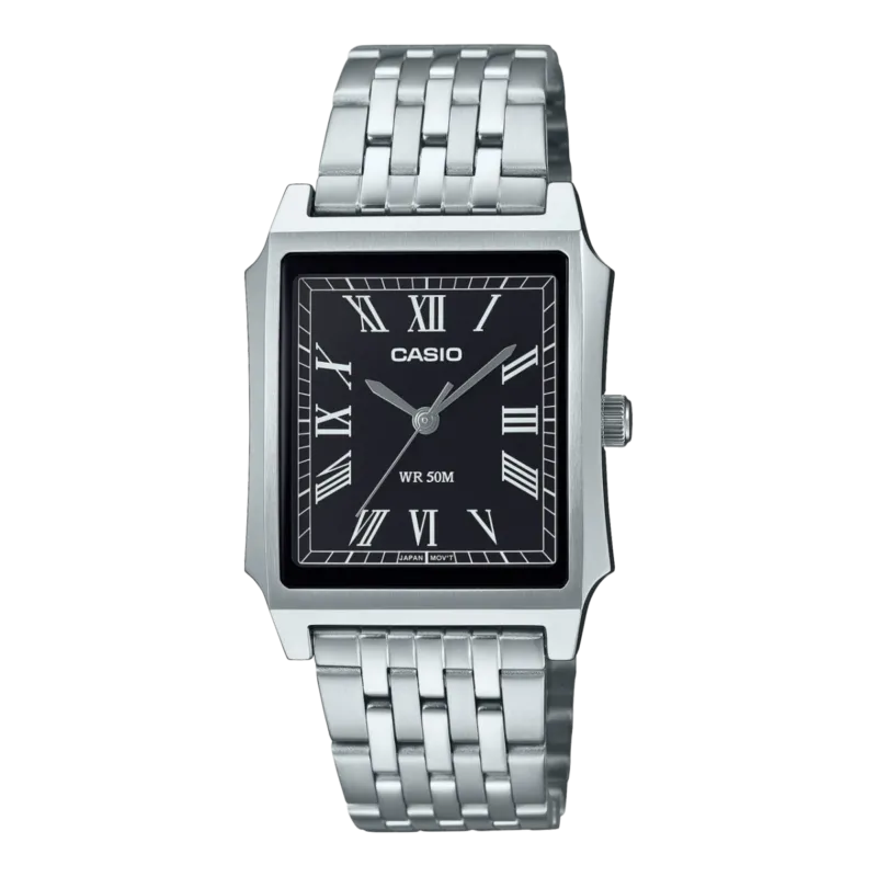 Casio Vintage-Armbanduhr mit Metallband und schwarzem Ziffernblatt