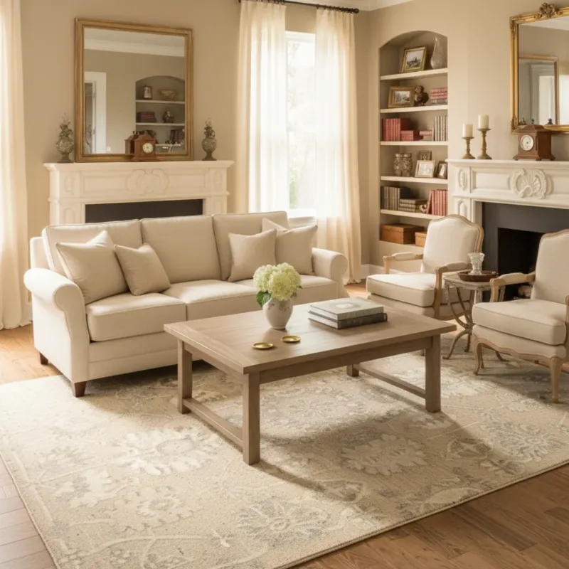 Traditional Persian floral medallion area rug in ivory, cream and soft grey tones with intricate all-over botanical pattern styled in a family room under a coffee table and sofa — classic elegant design