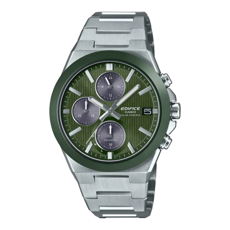 Casio Edifice Herrenuhr: grünes Zifferblatt, Chronograph, silbernes Edelstahlband