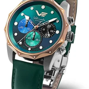 Vostok Europe Damenuhr mit grünem Lederarmband und blau-grünem Zifferblatt, Saphirglas