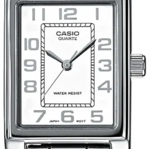 Casio Damenuhr mit rechteckigem Zifferblatt, arabischen Zahlen und Edelstahlarmband