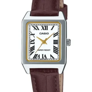 Damenuhr CASIO mit rechteckigem silberfarbenem Gehäuse, burgunderfarbenem Lederarmband, römische Ziffern