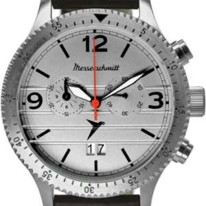 Herrenuhr mit silbernem Zifferblatt, braunem Lederarmband und Chronographen-Details
