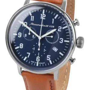Messerschmitt Chronograph Herrenuhr mit rundem blauem Zifferblatt und braunem Lederband