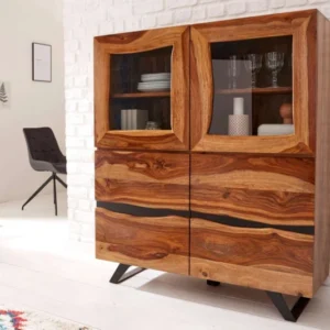 AMAZONAS Massives Highboard 140cm braun Sheeshamholz Vitrine mit Baumkante