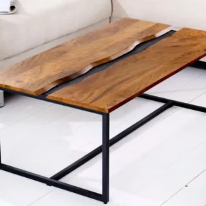 AMAZONAS Massiver Couchtisch 110cm Mangoholz Metall schwarz Baumkante Honey Finish