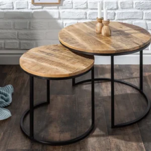 ELEMENTS Industrial 2er Set Beistelltische 60cm Mangoholz massiv rund schwarzes Metallgestell