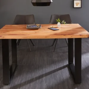 IRON CRAFT Massivholz Esstisch 120cm natur Sheesham stone finish schwarze Metallbeine Kufe