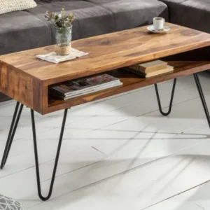 SCORPION Handgearbeiteter Couchtisch 100cm Sheesham Massivholz mit Stauraum Hairpin Legs