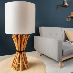 EUPHORIA Handgefertigte Tischlampe 56cm beige Longan-Holz mit Leinenschirm