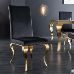 Eleganter Stuhl MODERN BAROCK schwarz Samt goldene Stuhlbeine aus Edelstahl