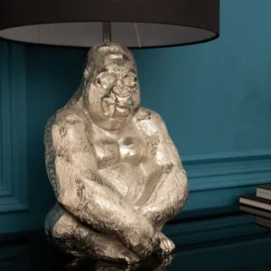 KONG Dekorative Tischlampe 60cm silber handmade Metall Gorilla mit Stoffschirm