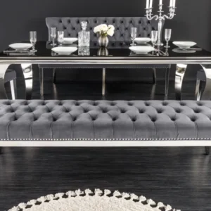 CASTLE DELUXE Design Sitzbank 165cm grau Samt silber Edelstahl Löwenkopf