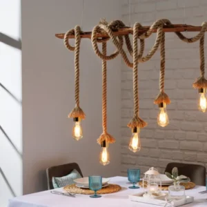 Maritime Hängeleuchte SEVEN SEAS II 90cm Massivholz Seil Lampe 5 Leuchten