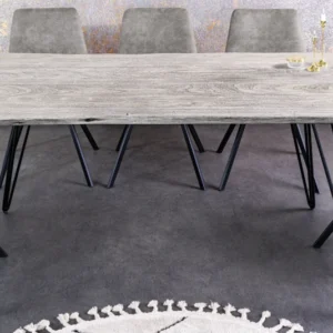 SCORPION Massivholz Esstisch 140cm grau Akazie Baumkante schwarze Metallbeine Hairpin Legs