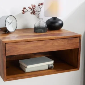 Hängender Nachttisch PURE 50cm braun Sheesham Massivholz Regal mit Schublade