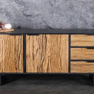 Massivholz Sideboard BARRACUDA 150cm Teak Mango schwarz Metall recycelt