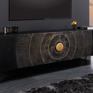 GOLDEN SUNSET Handgearbeitetes TV-Lowboard 180cm schwarz gold Mangoholz massiv Metallfüße