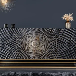 ILLUSION Sideboard 180cm schwarz Mangoholz Massivholz mit 3D Schnitzereien gold Eisen Metallgestell