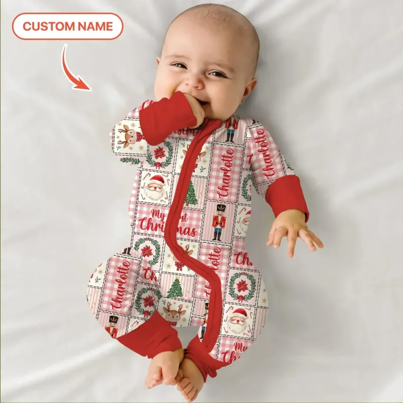 Merry Patchwork Christmas Custom Name Convertible Zippy , Merry Patchwork Christmas Custom Name Convertible Zippy - 0-3M
