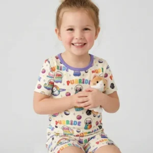 Rainbow Space Cats Family Matching Bamboo Two Piece Short Sleeve Shorts Pajama Set