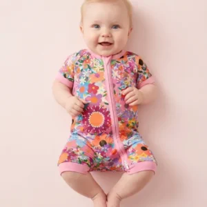 Rainbow Blooms Bamboo Shorty Zippered Romper