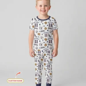 Custom Name Baseball Time Bamboo Two Piece Short Sleeve Pajama Set