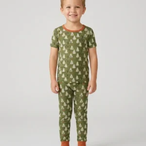 Cute Ghost Halloween Moss Green Floral Bamboo Two Piece Short Sleeve Pajama Set