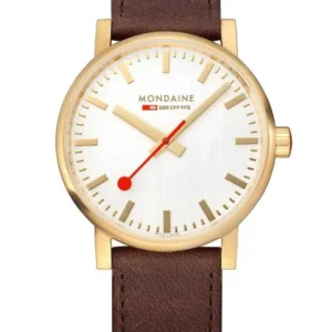 Herrenarmbanduhr mit goldfarbenem Gehäuse, weißem Zifferblatt und braunem Lederband