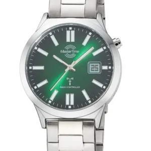 Herrenarmbanduhr mit grünem Zifferblatt, silbernem Metallband, Analog- und Digitalanzeige.
