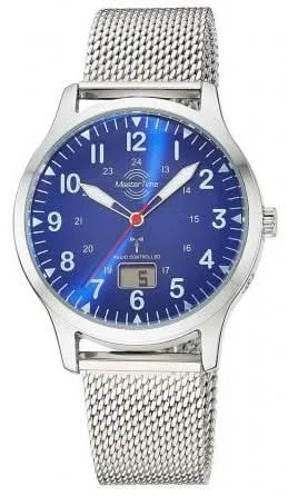 Herrenuhr mit blauem Zifferblatt, Edelstahl-Mesharmband und silbernem Gehäuse