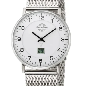 Silberne Funk-Herrenuhr mit Metall-Meshband, weißem Zifferblatt und Datumsfenster