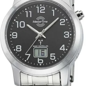 Damenuhr mit silberfarbenem Metallarmband und schwarzem Zifferblatt