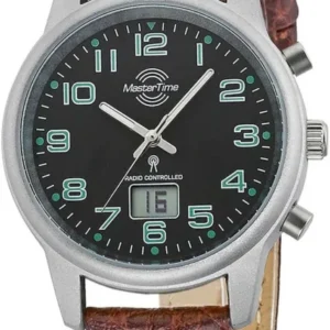 Damenuhr mit rundem Stahlgehäuse, schwarzem Zifferblatt und braunem Lederarmband