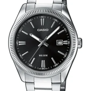 Casio Herrenuhr mit schwarzem Zifferblatt und silbernem Metallarmband, analog