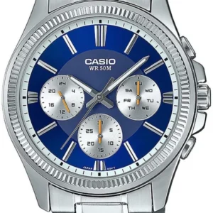 Casio Herrenuhr mit blauem Zifferblatt, Edelstahlarmband und Chronographen-Subzifferblättern