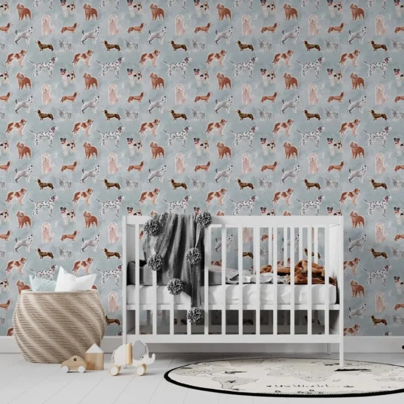 MUNKS & ME - Papier Peint Chambre Enfant à Motif Répété - Rigby Dog - Bleu